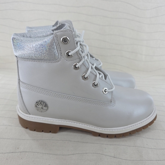 Timberland Girls Boots ReBOTL Metallic Gray Collar 6 Inch Leather A5SUW Sz 6 EUC - Picture 1 of 11
